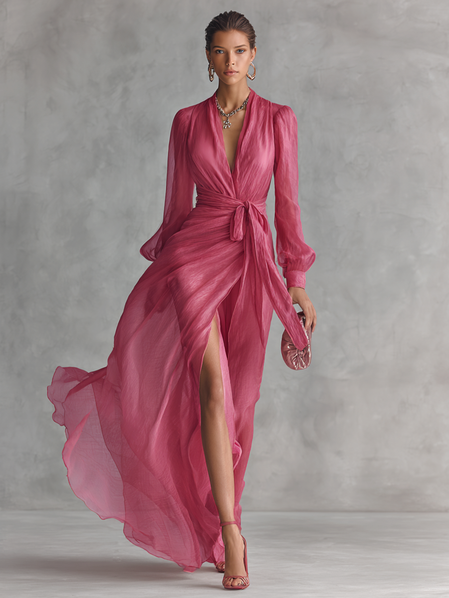 Women's Chiffon Maxi Dress V-Neck Tie-Waist Long Slit Pink Summer Cocktail 1