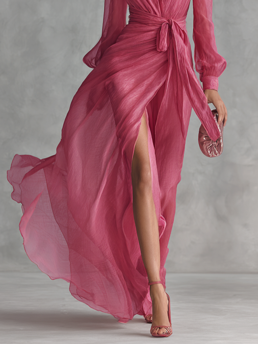 Women's Chiffon Maxi Dress V-Neck Tie-Waist Long Slit Pink Summer Cocktail 3