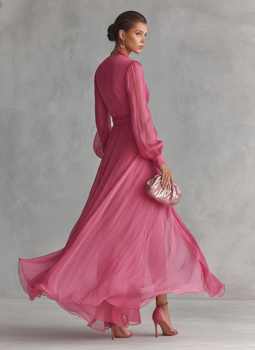 Women's Chiffon Maxi Dress V-Neck Tie-Waist Long Slit Pink Summer Cocktail 4