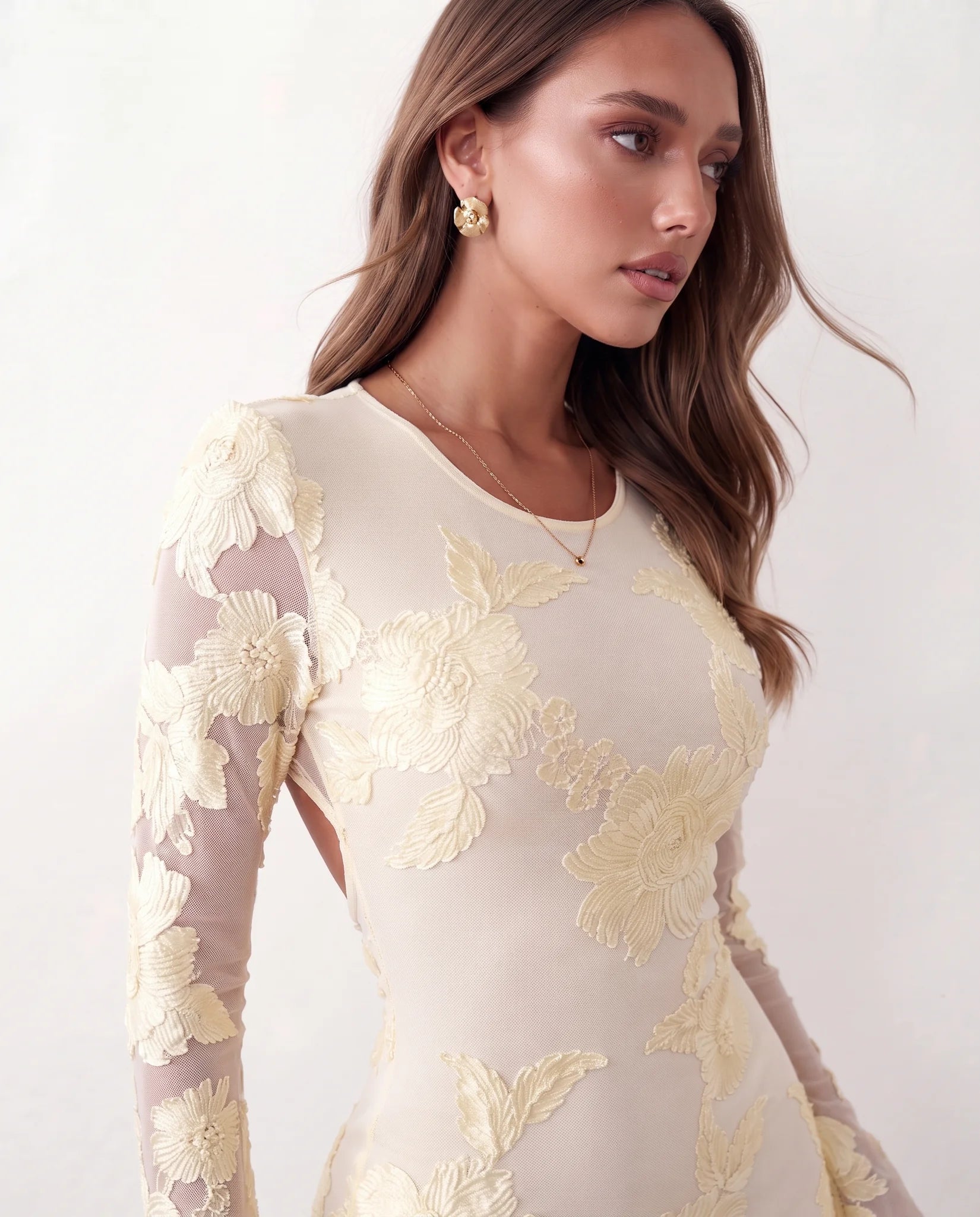 Women's Cocktail Dress Fitted Mini Open Back Sheer Embroidered Long Sleeve 3