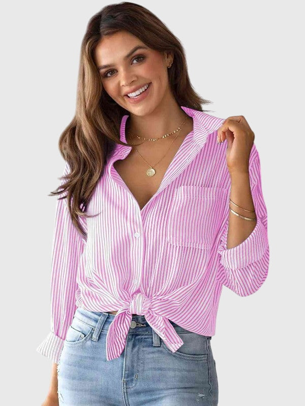 Women's Collared Neck Shirt Cotton Striped Versatile Design 0