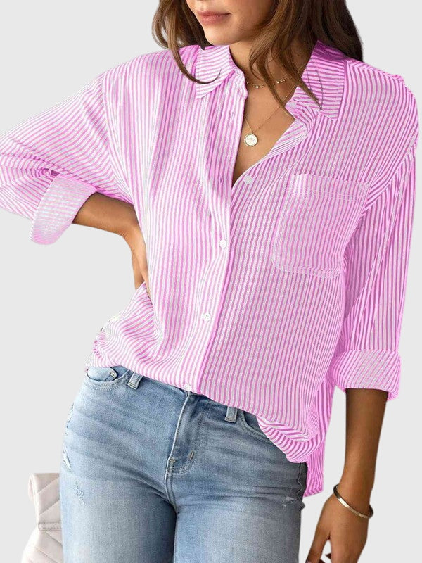 Women's Collared Neck Shirt Cotton Striped Versatile Design 6