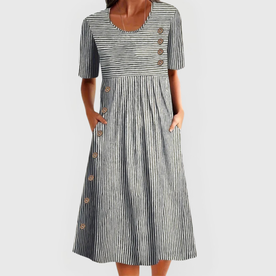 Women's Dress Cotton Striped Midi Casual 3/4 Sleeve Design 1