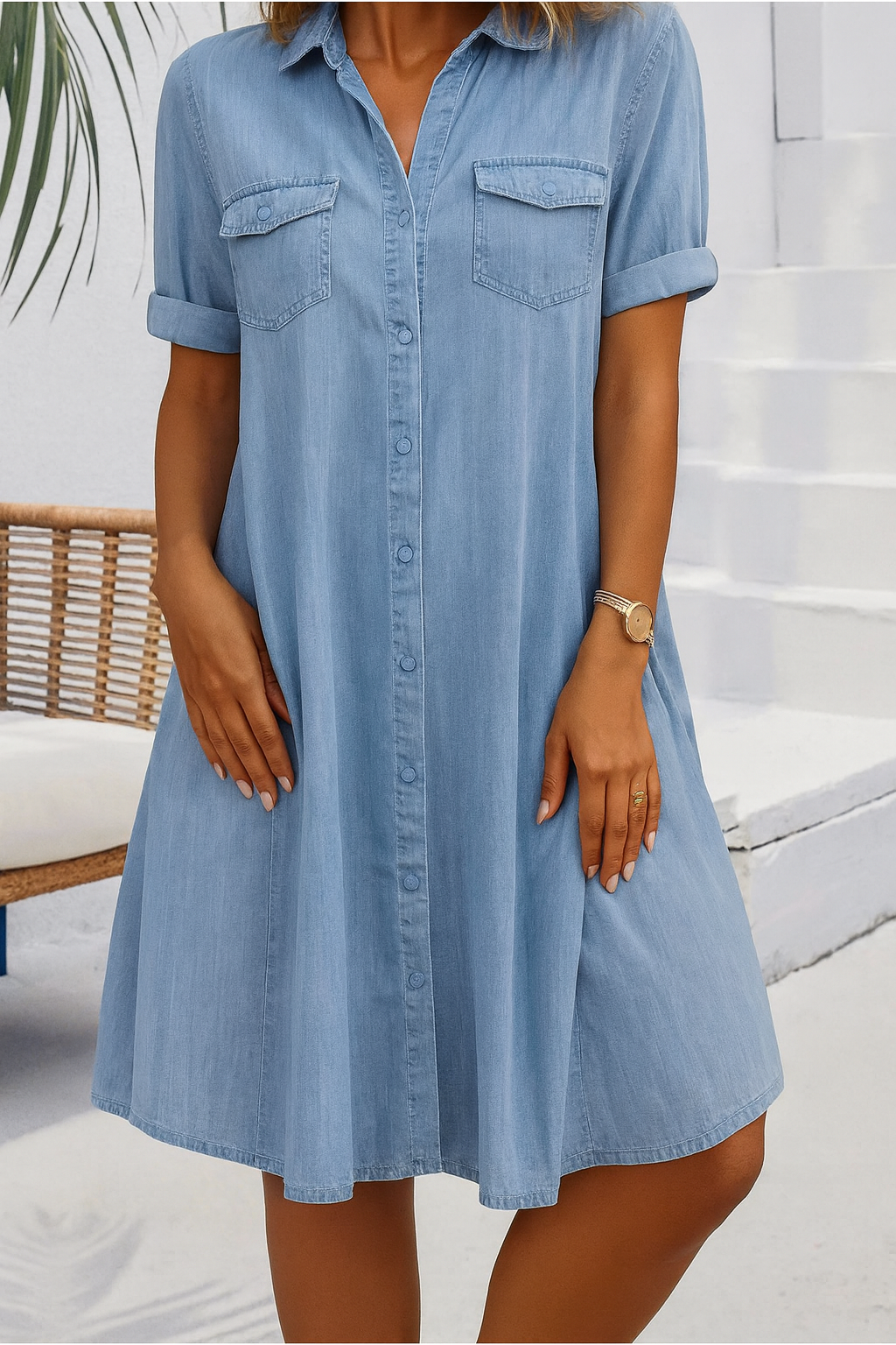 Women's Dress Lightweight Fabric Button-Down Casual Design with Rolled-Up Sleeves 0