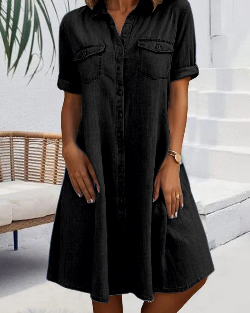 Women's Dress Lightweight Fabric Button-Down Casual Design with Rolled-Up Sleeves 1