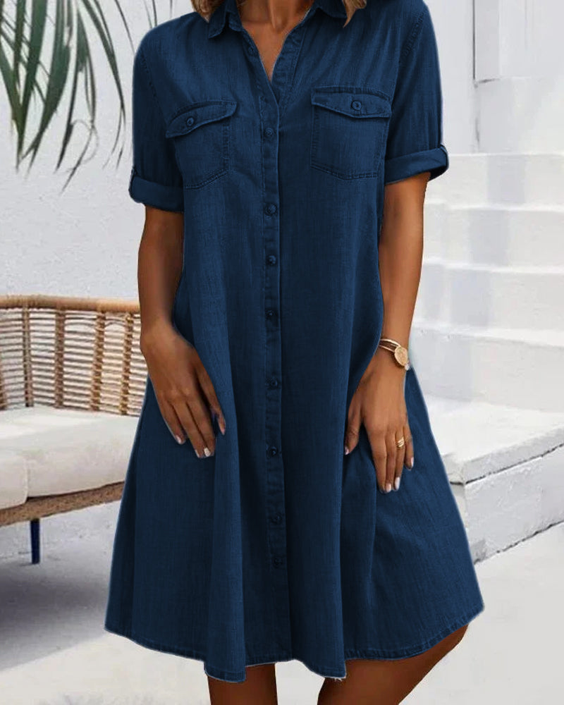 Women's Dress Lightweight Fabric Button-Down Casual Design with Rolled-Up Sleeves 2