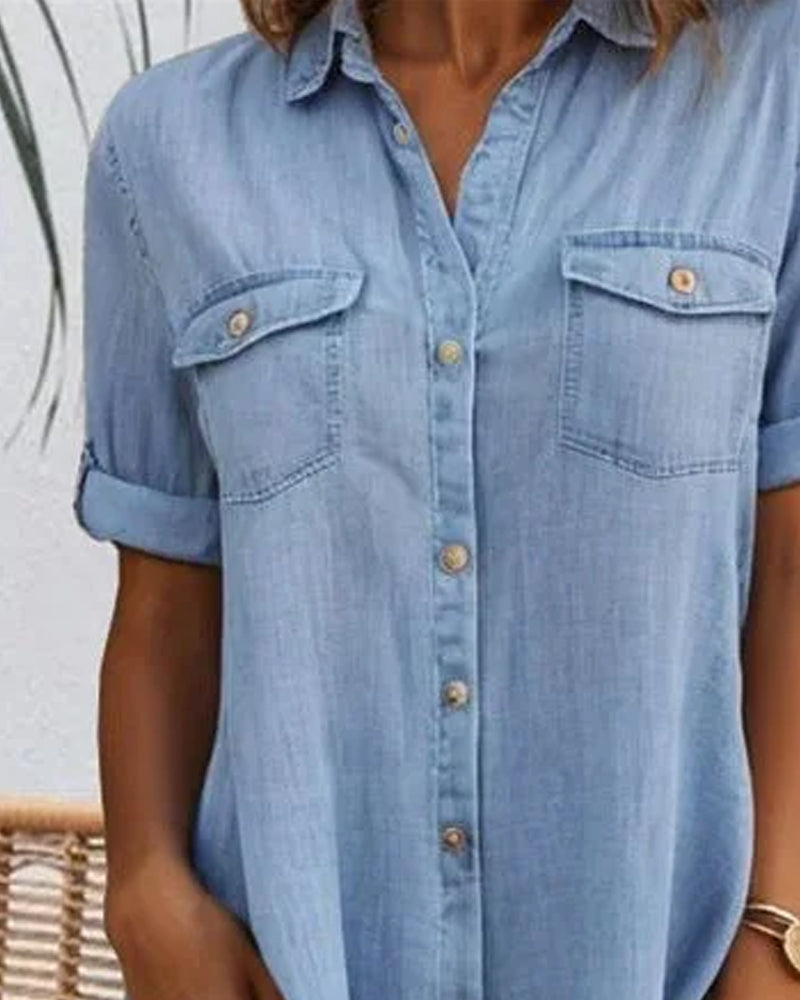 Women's Dress Lightweight Fabric Button-Down Casual Design with Rolled-Up Sleeves 3
