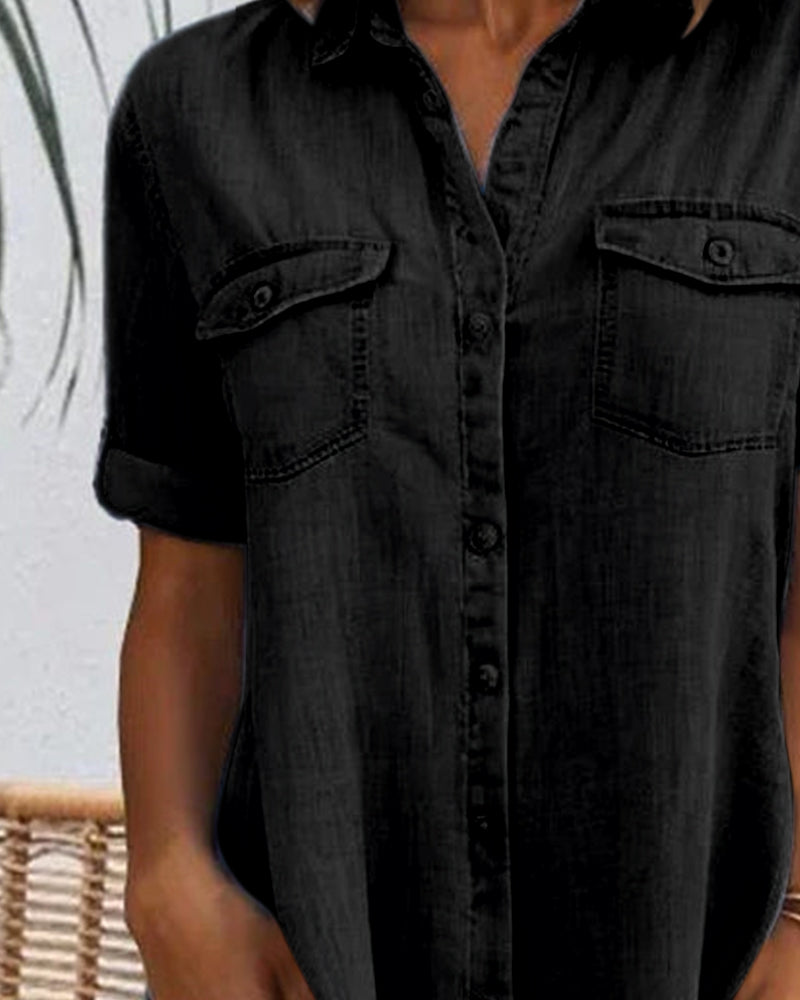 Women's Dress Lightweight Fabric Button-Down Casual Design with Rolled-Up Sleeves 5