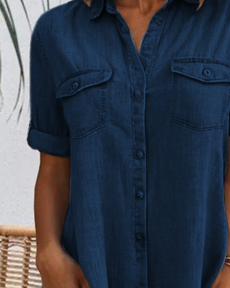 Women's Dress Lightweight Fabric Button-Down Casual Design with Rolled-Up Sleeves 7