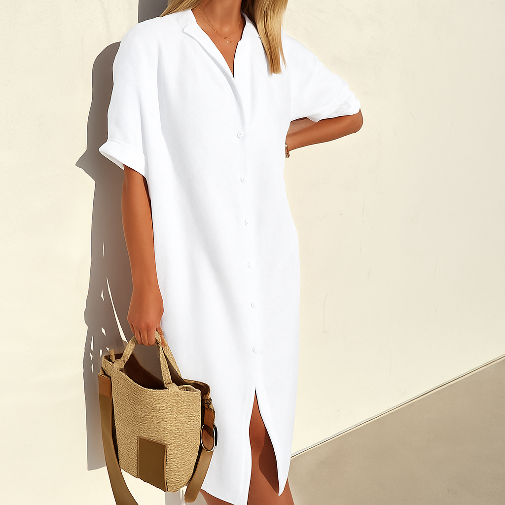 Women's Dress Linen Relaxed Fit Midi Shirt Dress with Button-Down Front 1