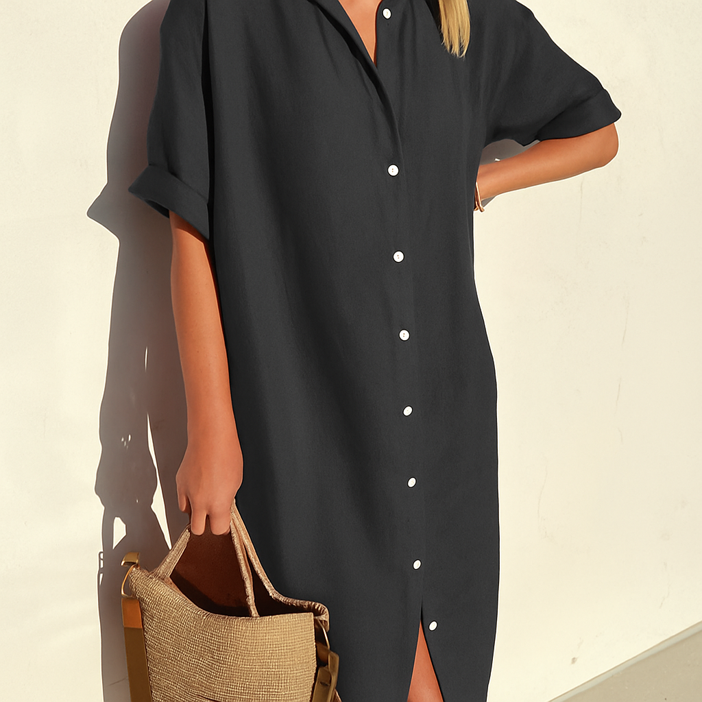 Women's Dress Linen Relaxed Fit Midi Shirt Dress with Button-Down Front 2