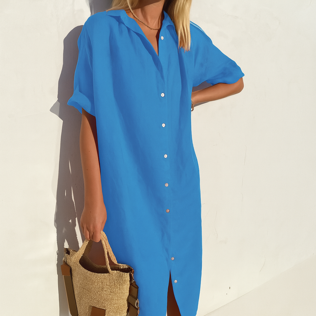 Women's Dress Linen Relaxed Fit Midi Shirt Dress with Button-Down Front 3