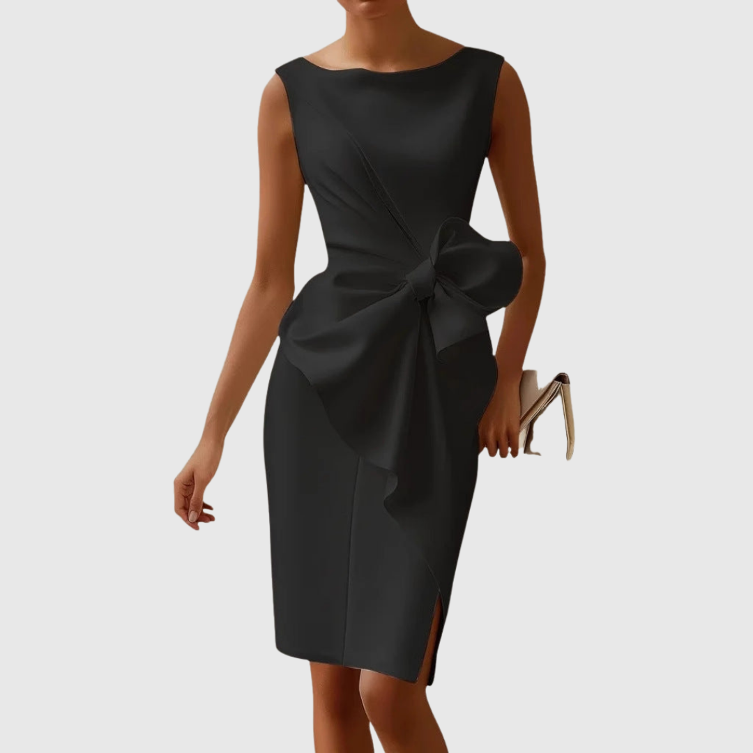 Women's Dress Midi High-Quality Fabric Boat Neckline Side Bow Detail 0