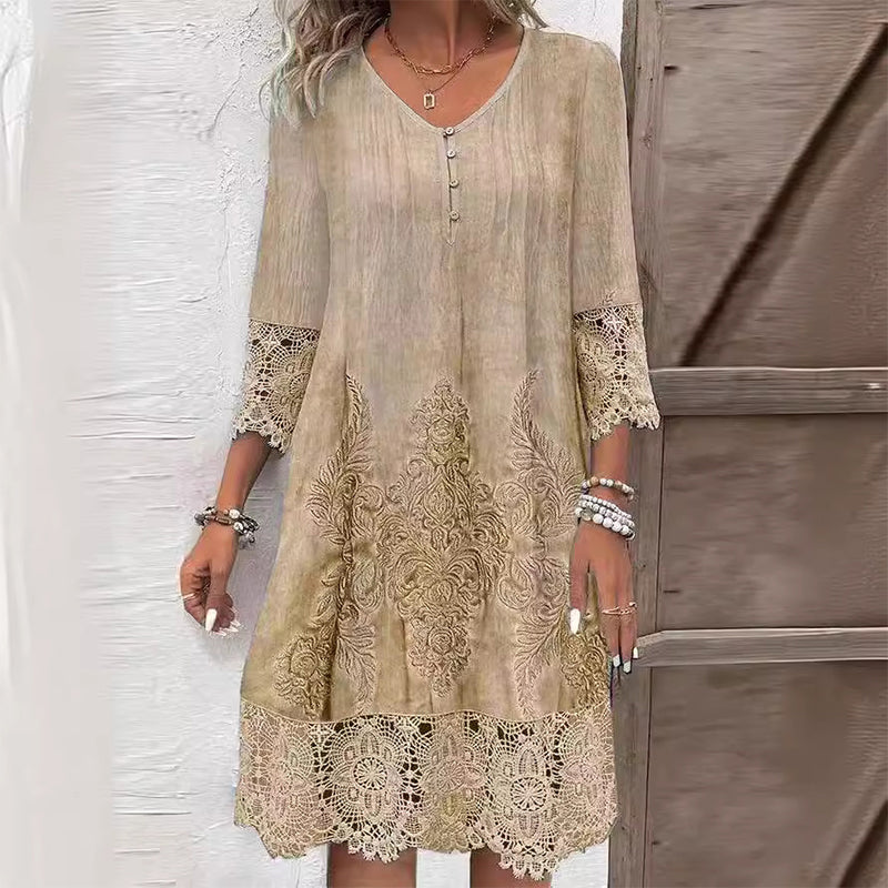 Women's Dress Midi Lace Trim V-Neck Relaxed Fit with Embroidery and Three-Quarter Sleeves 2
