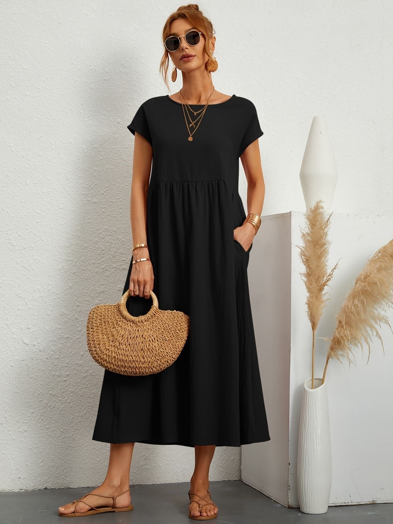 Women's Dress Midi Lightweight Fabric Short Sleeve Elegant Design 5