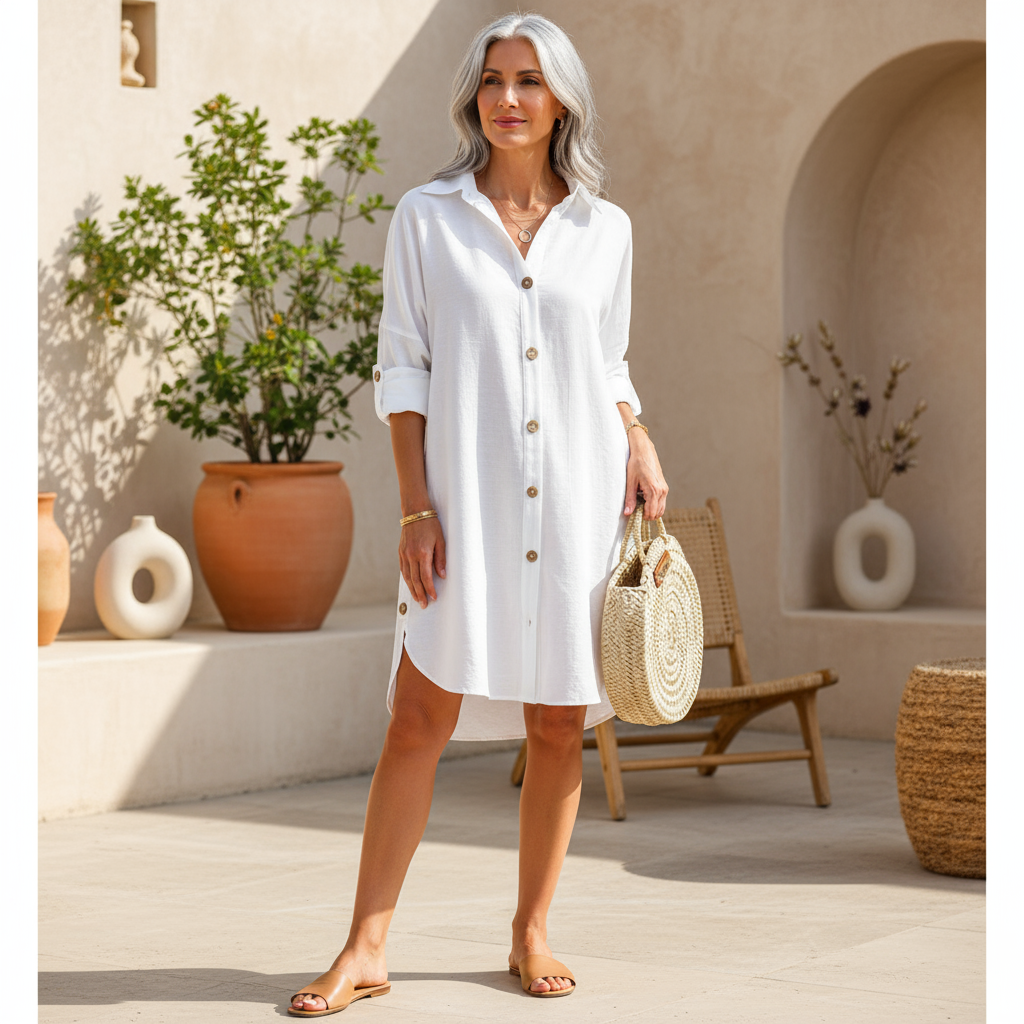 Women's Dress Polyester Button-Up Shirt Dress with Adjustable Sleeves 1