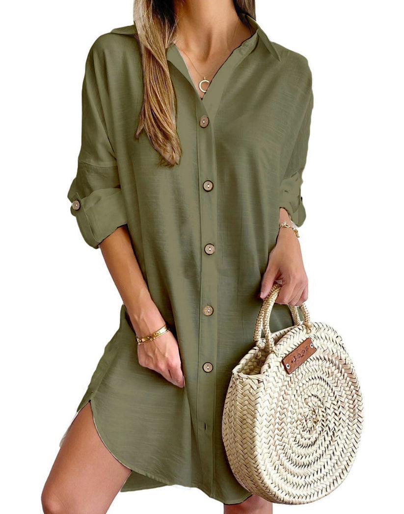 Women's Dress Polyester Button-Up Shirt Dress with Adjustable Sleeves 5