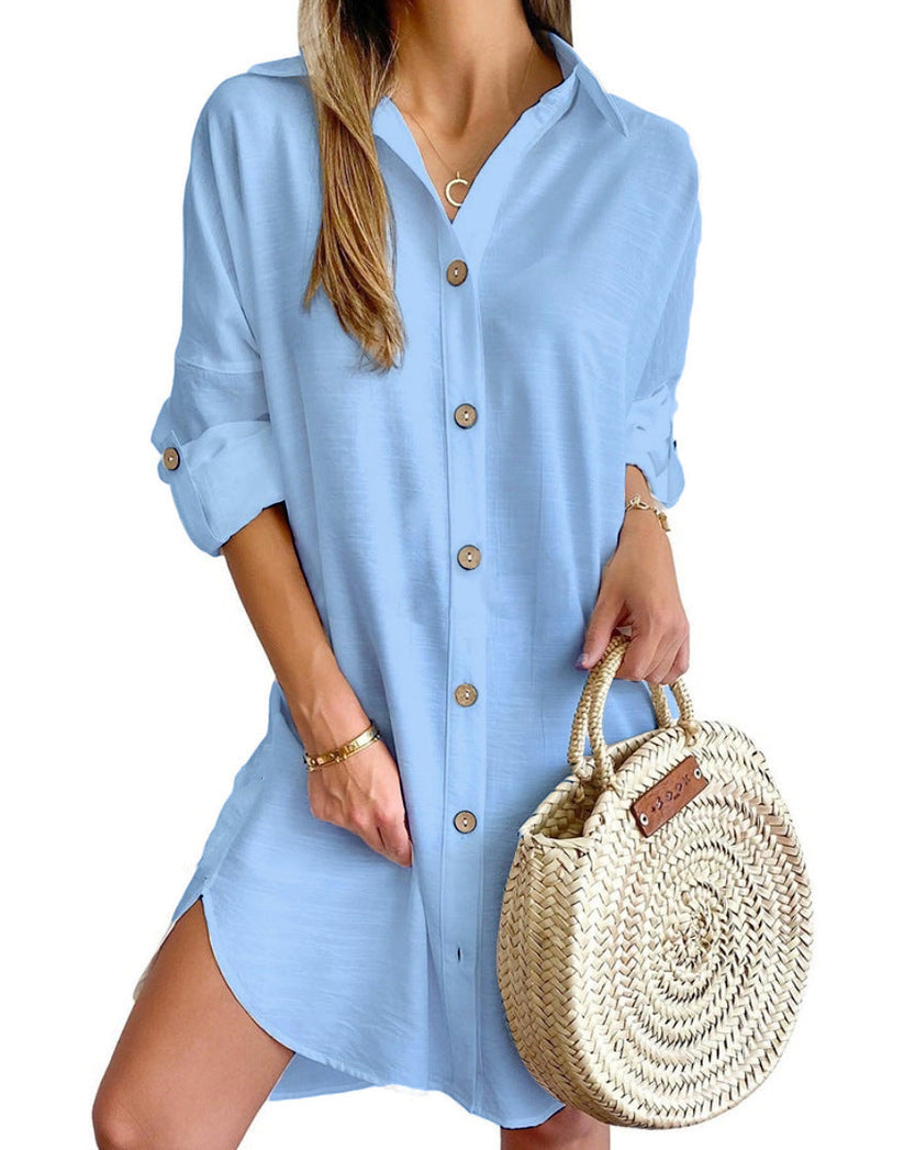 Women's Dress Polyester Button-Up Shirt Dress with Adjustable Sleeves 7