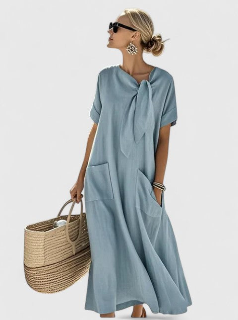 Women's Dress Polyester Chic Neck Tie Functional Pockets Summer Dress 0
