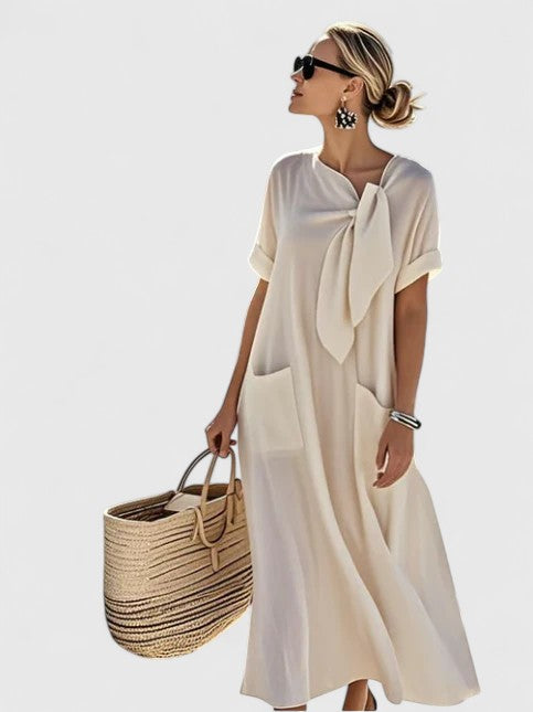 Women's Dress Polyester Chic Neck Tie Functional Pockets Summer Dress 2