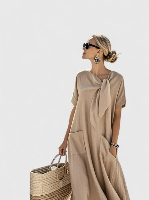 Women's Dress Polyester Chic Neck Tie Functional Pockets Summer Dress 3