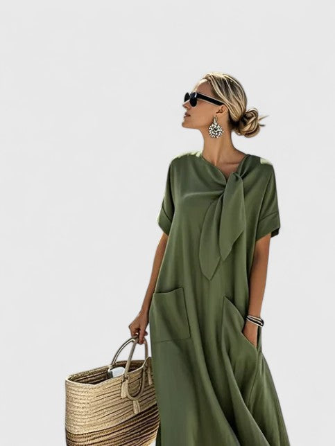 Women's Dress Polyester Chic Neck Tie Functional Pockets Summer Dress 4