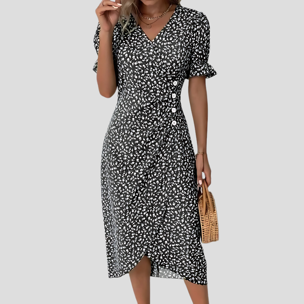 Women's Dress Polyester Floral V-Neck A-Line Casual Midi with Puff Sleeves 1