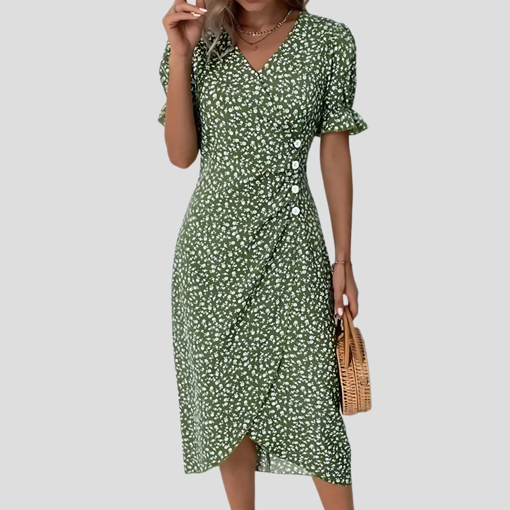 Women's Dress Polyester Floral V-Neck A-Line Casual Midi with Puff Sleeves 3