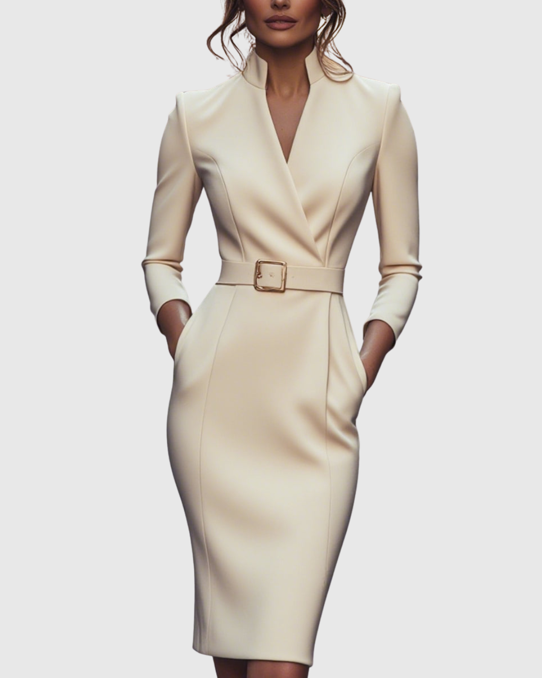 Women's Dress Polyester Mock Wrap Three-Quarter Sleeve Pencil Silhouette with Pockets 9