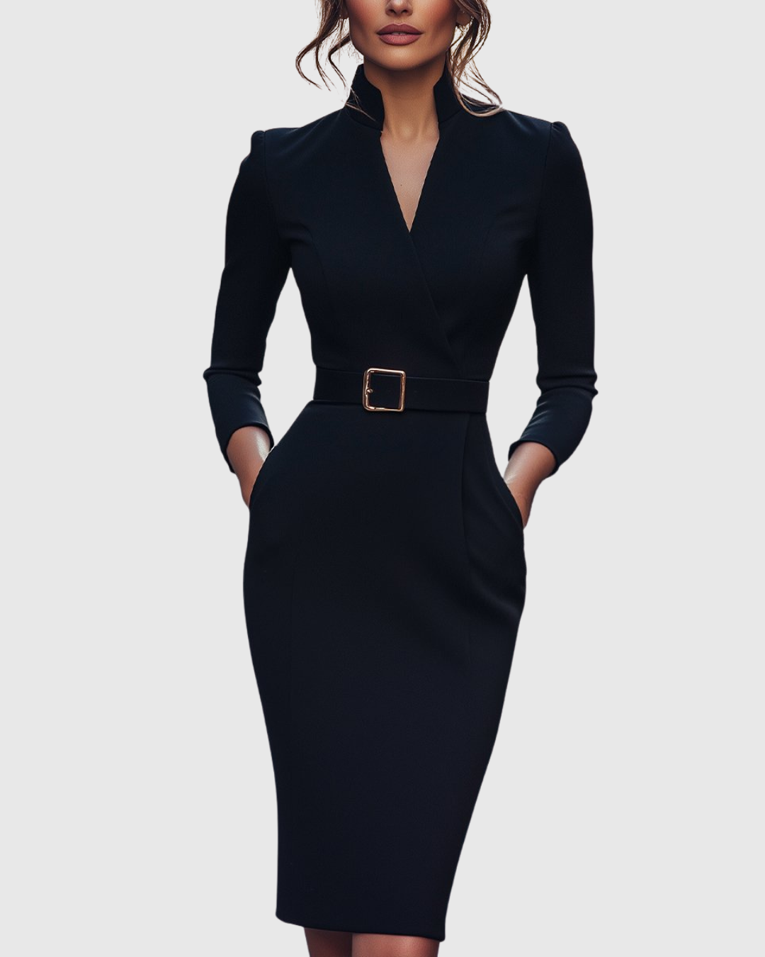 Women's Dress Polyester Mock Wrap Three-Quarter Sleeve Pencil Silhouette with Side Pockets 0