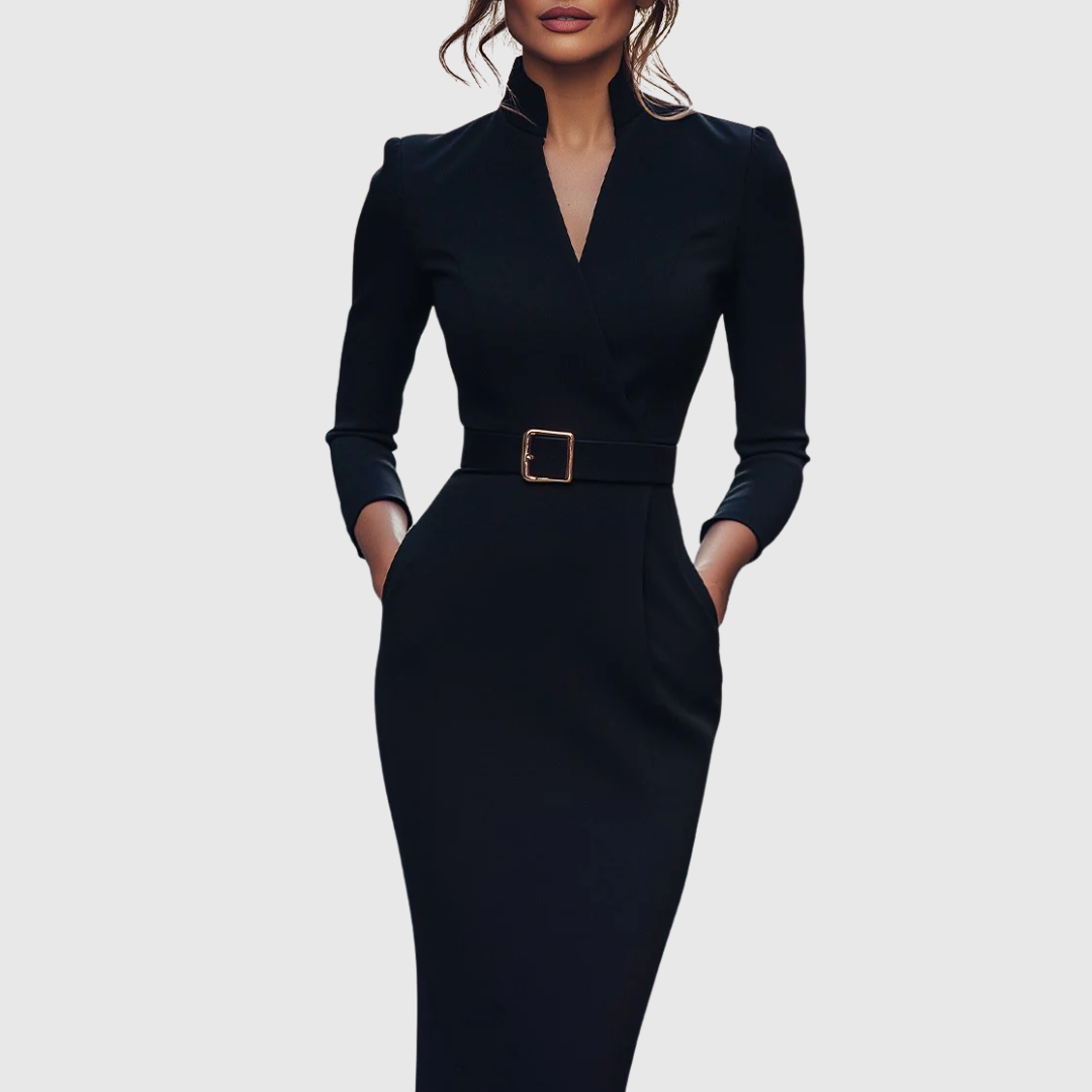 Women's Dress Polyester Mock Wrap Three-Quarter Sleeve Pencil Silhouette with Side Pockets 1
