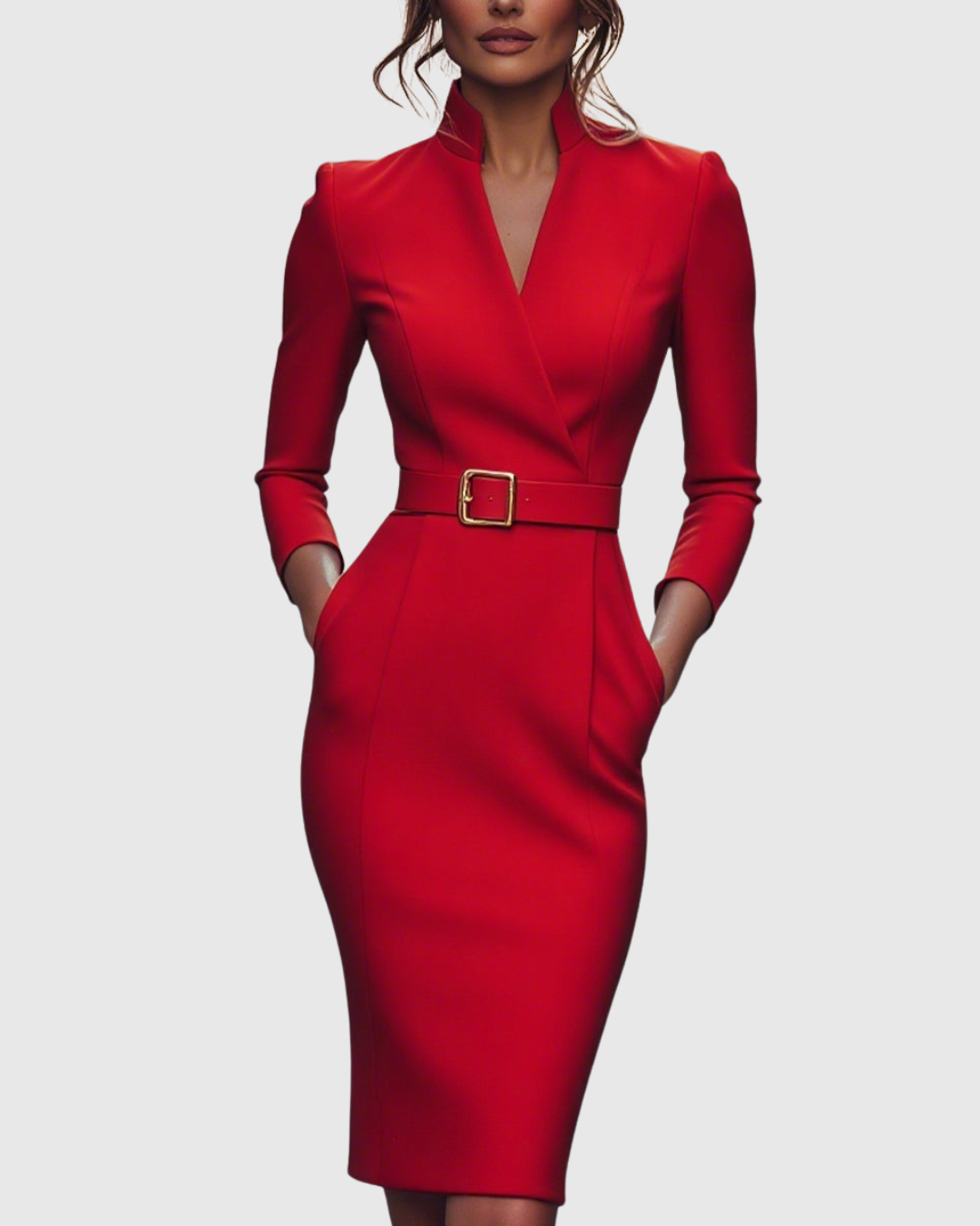 Women's Dress Polyester Mock Wrap Three-Quarter Sleeve Pencil Silhouette with Side Pockets 11