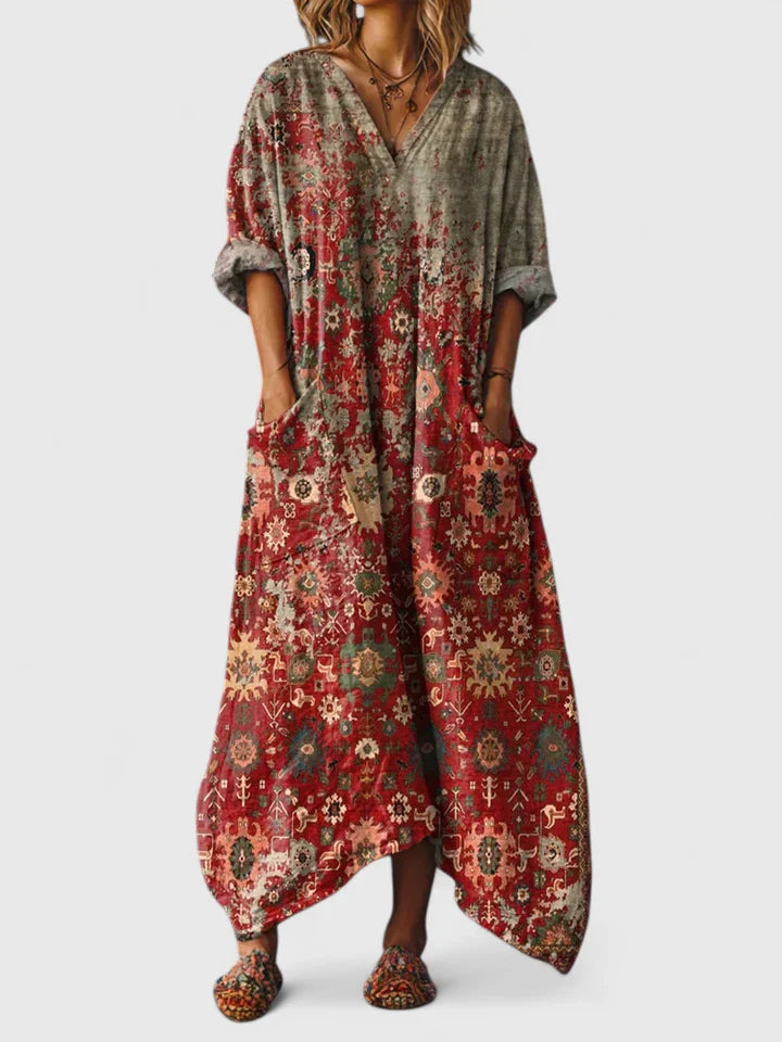 Women's Dress V-Neck Bohemian Style with Pockets and Woven Print Design 1