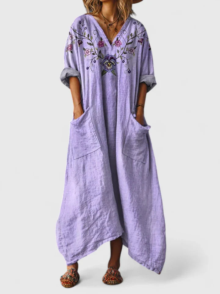 Women's Dress V-Neck Bohemian Style with Pockets and Woven Print Design 2