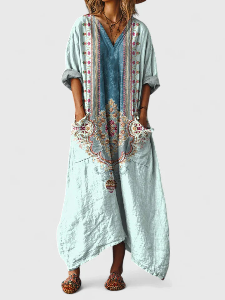 Women's Dress V-Neck Bohemian Style with Pockets and Woven Print Design 3