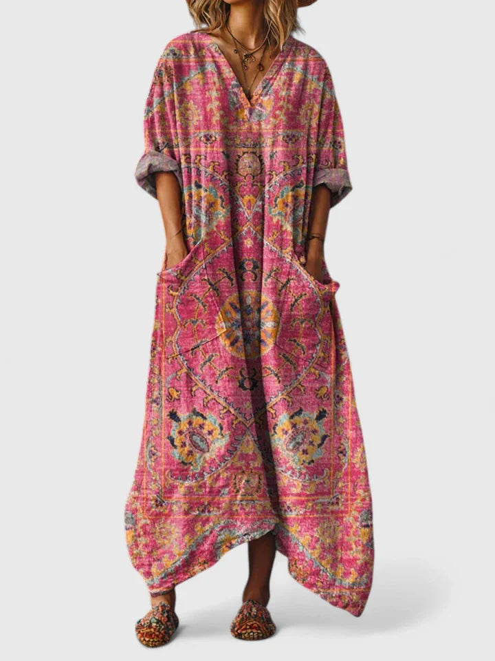 Women's Dress V-Neck Bohemian Style with Pockets and Woven Print Design 7