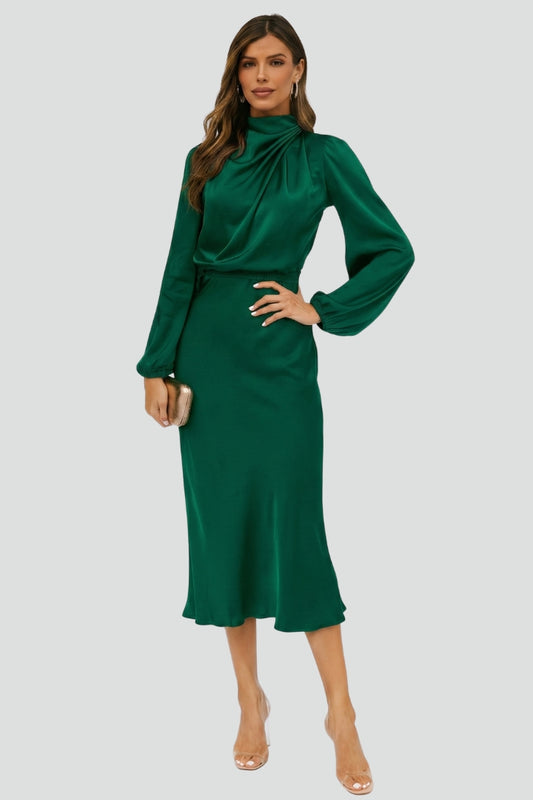 Women's Dress Woven Fabric High Draped Neckline Long Sleeve Midi Dress 0