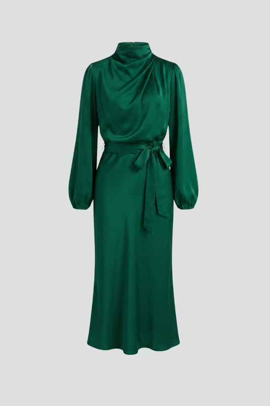 Women's Dress Woven Fabric High Draped Neckline Long Sleeve Midi Dress 1