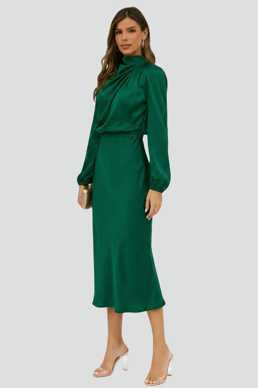 Women's Dress Woven Fabric High Draped Neckline Long Sleeve Midi Dress 3