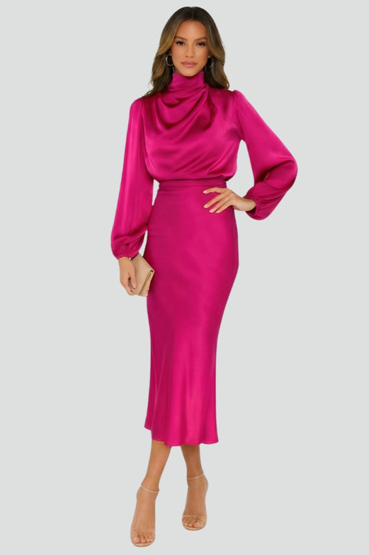 Women's Dress Woven Fabric High Draped Neckline Long Sleeve Midi Dress 7