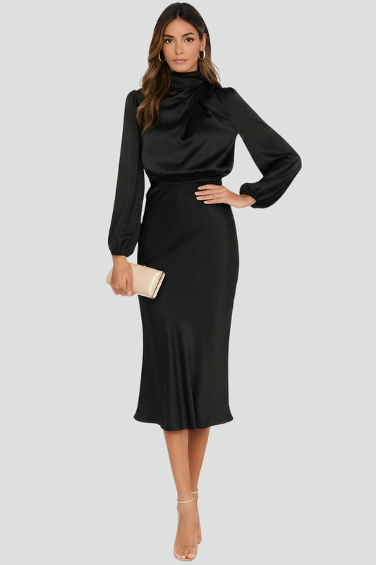 Women's Dress Woven Fabric High Draped Neckline Long Sleeve Midi Dress 8