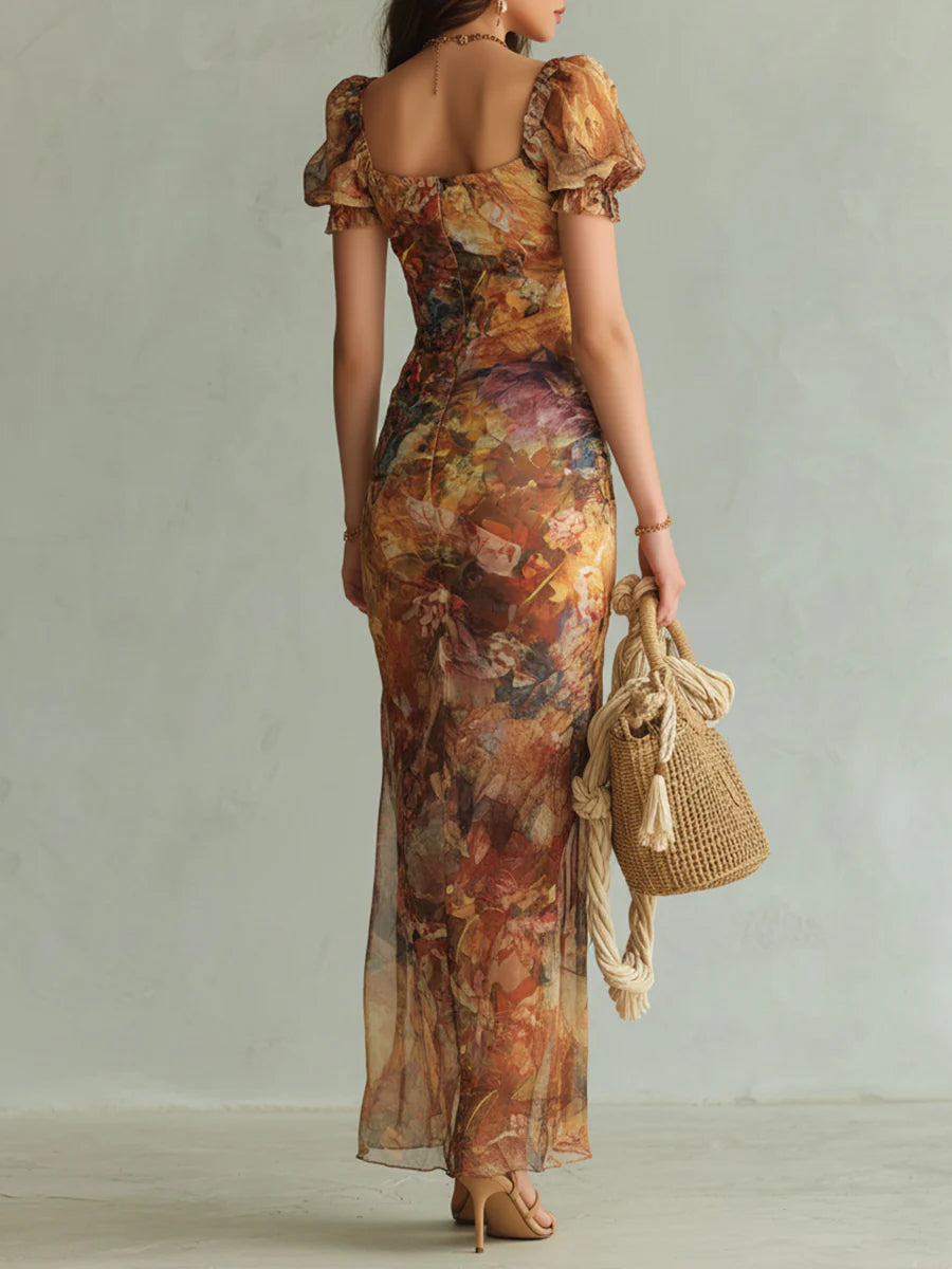 Women's Floral Maxi Dress Chiffon Ruffle Sweetheart Neckline Casual Summer 1