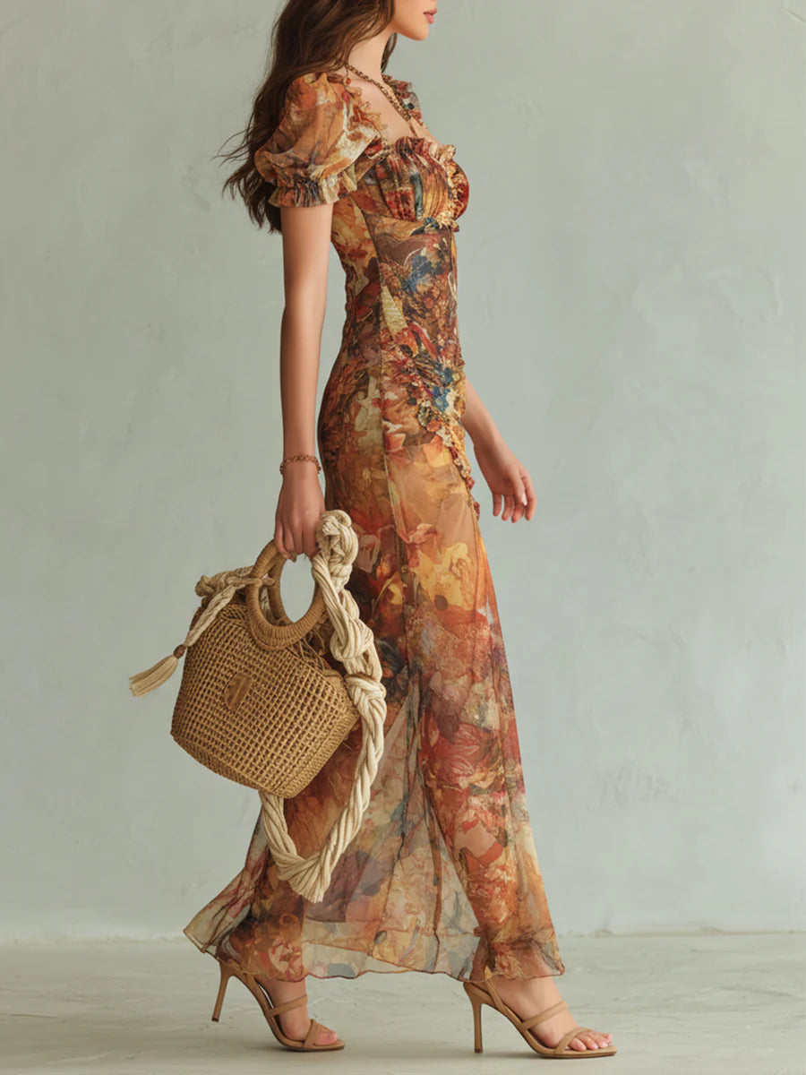 Women's Floral Maxi Dress Chiffon Ruffle Sweetheart Neckline Casual Summer 2