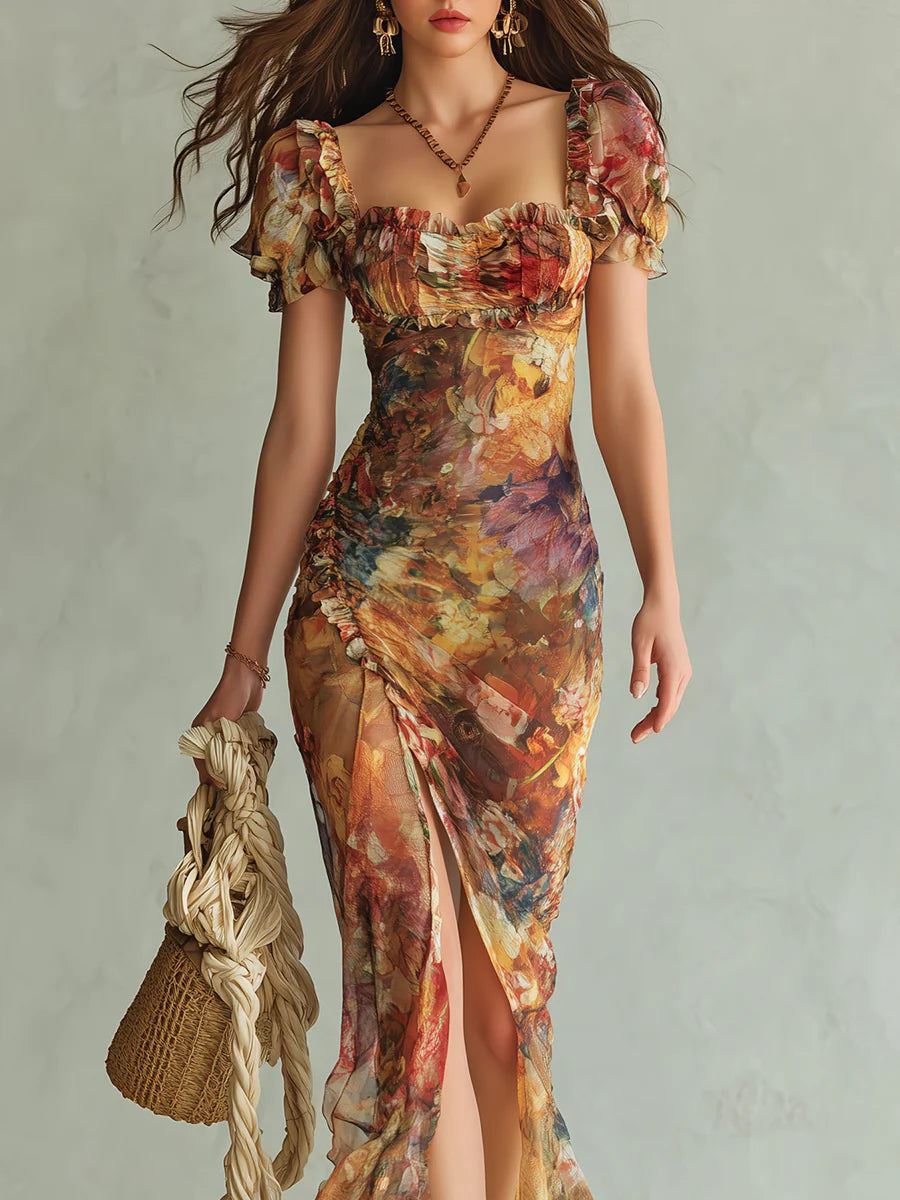 Women's Floral Maxi Dress Chiffon Ruffle Sweetheart Neckline Casual Summer 3