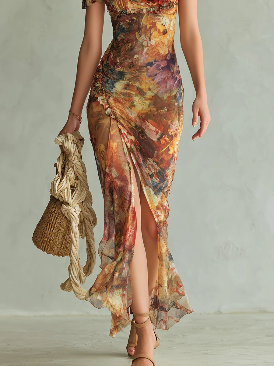 Women's Floral Maxi Dress Chiffon Ruffle Sweetheart Neckline Casual Summer 4