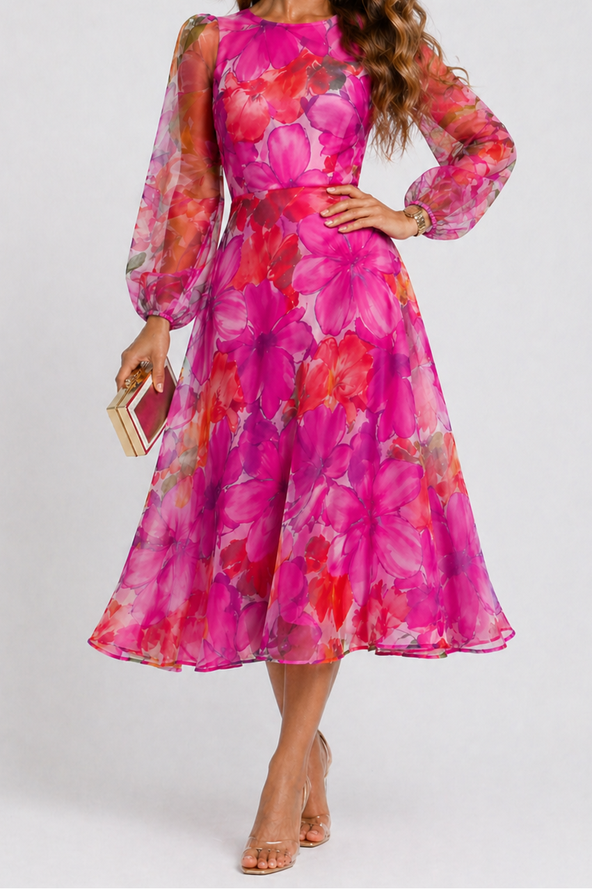 Women's Floral Midi Dress Sheer Long Sleeves A-Line Summer Dresses 0