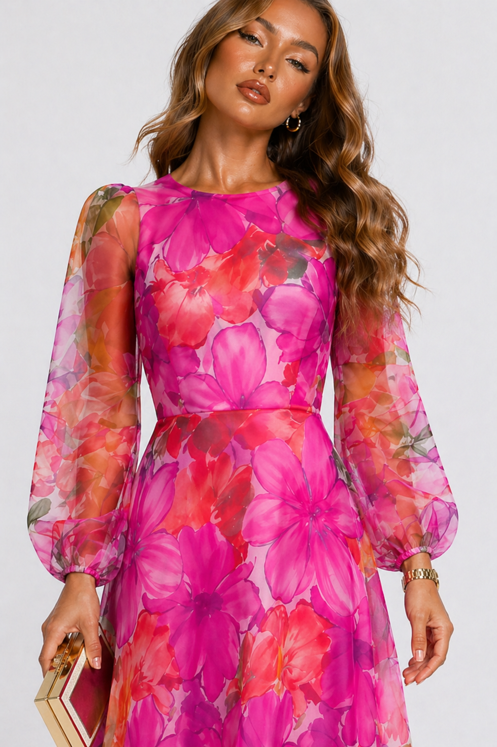 Women's Floral Midi Dress Sheer Long Sleeves A-Line Summer Dresses 3