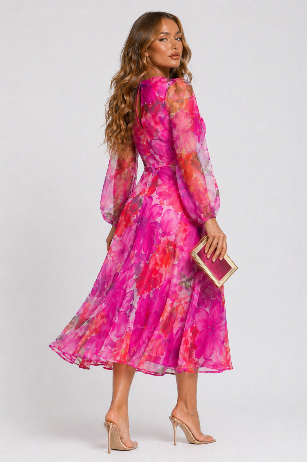 Women's Floral Midi Dress Sheer Long Sleeves A-Line Summer Dresses 4