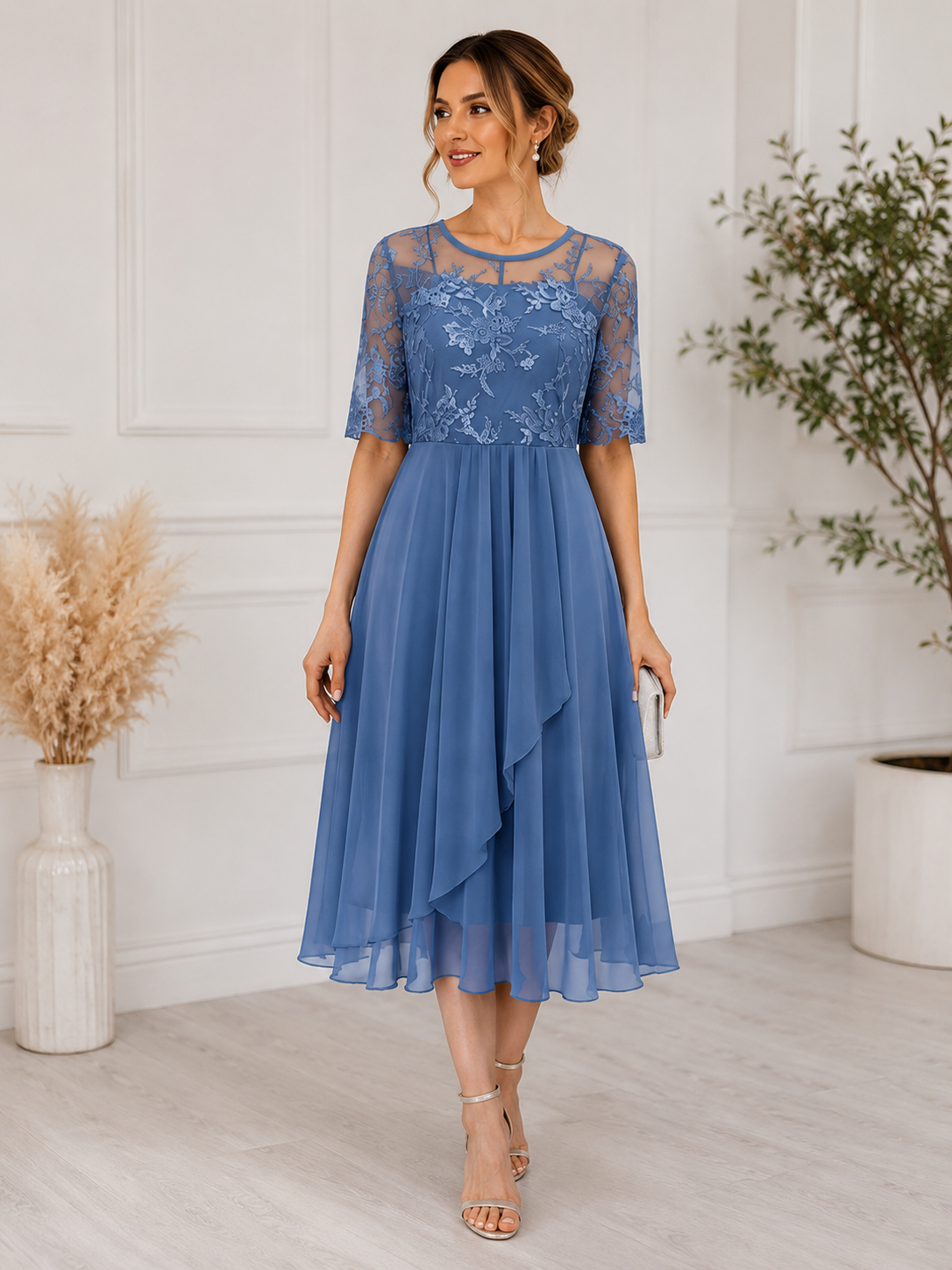 Women's Lace Midi Dress A-Line Silhouette Cocktail Formal Occasion 0