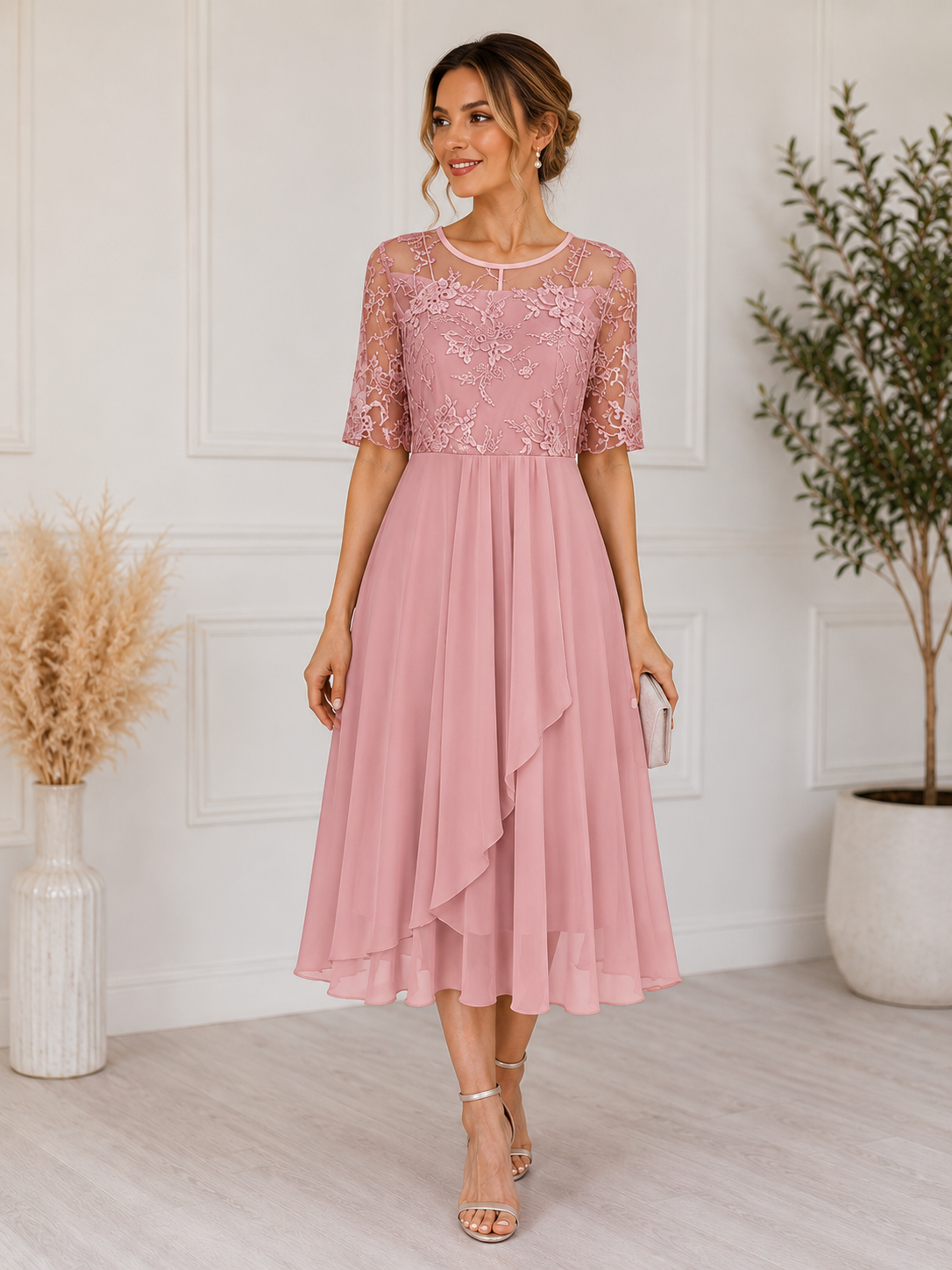 Women's Lace Midi Dress A-Line Silhouette Cocktail Formal Occasion 5